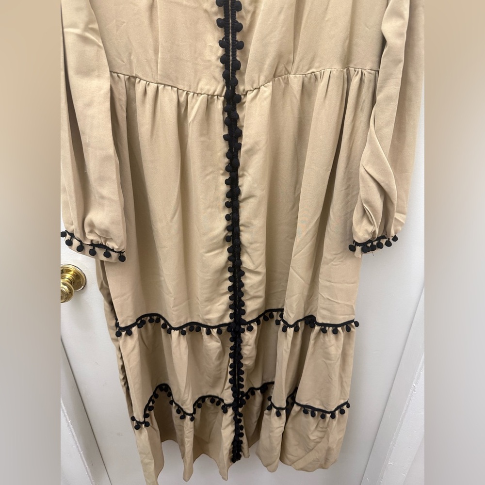 Beige Dress with Black Pom-Pom Trim - Picture 2 of 4